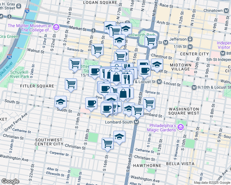 map of restaurants, bars, coffee shops, grocery stores, and more near 325 South 16th Street in Philadelphia
