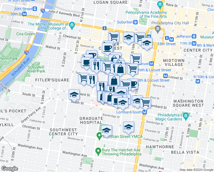 map of restaurants, bars, coffee shops, grocery stores, and more near in Philadelphia
