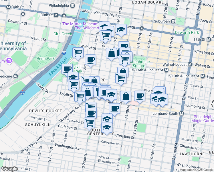 map of restaurants, bars, coffee shops, grocery stores, and more near 414 South 21st Street in Philadelphia