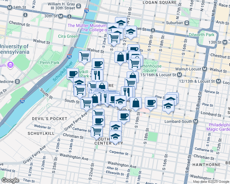 map of restaurants, bars, coffee shops, grocery stores, and more near 414 South 21st Street in Philadelphia