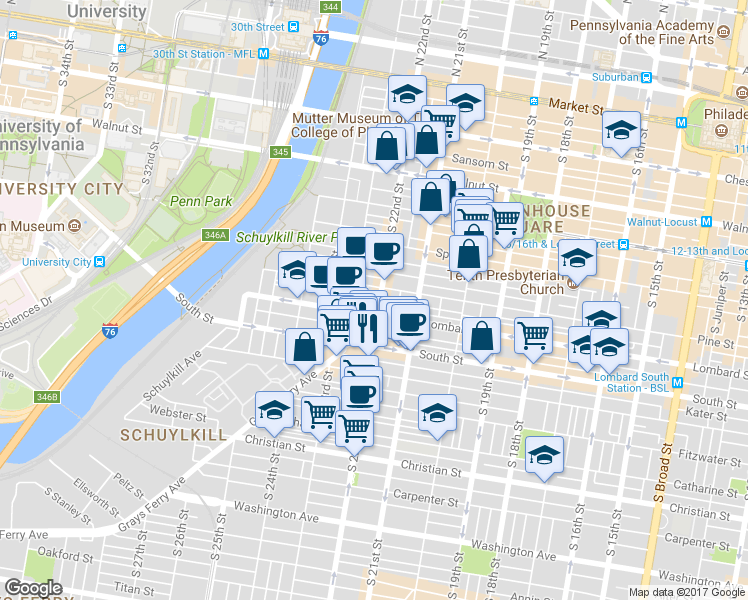 map of restaurants, bars, coffee shops, grocery stores, and more near in Philadelphia