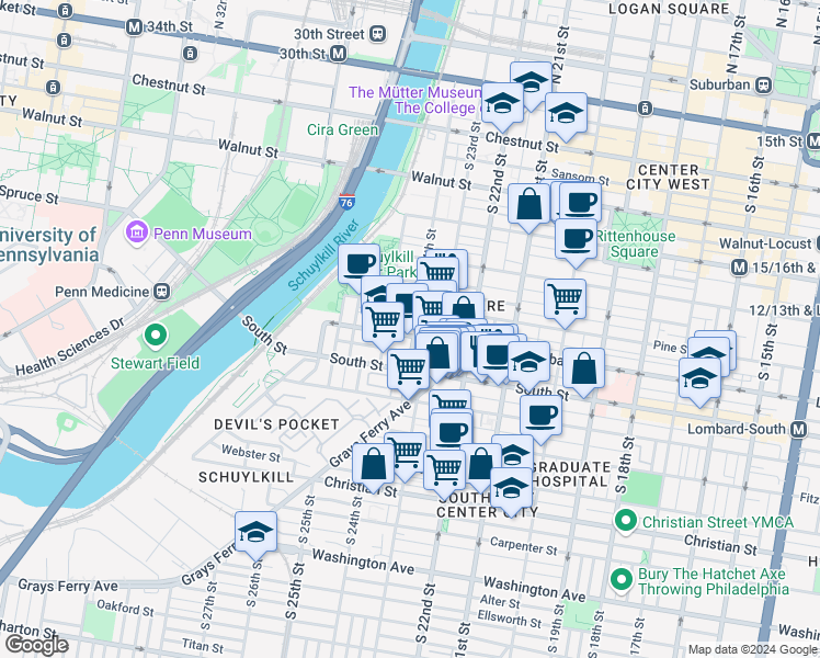 map of restaurants, bars, coffee shops, grocery stores, and more near 402 South 23rd Street in Philadelphia