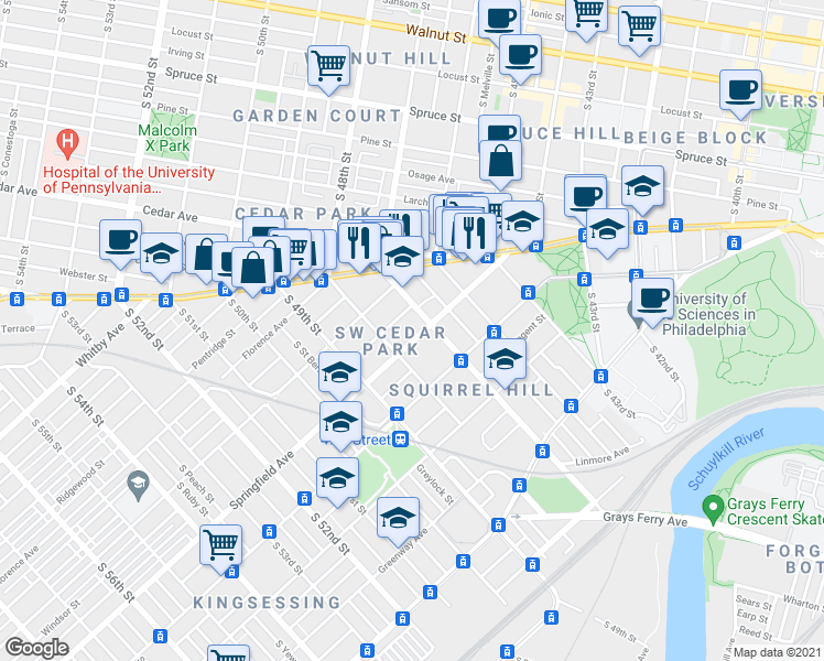 map of restaurants, bars, coffee shops, grocery stores, and more near in Philadelphia
