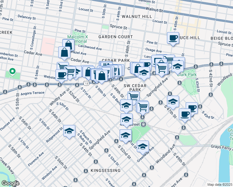 map of restaurants, bars, coffee shops, grocery stores, and more near 817 South Saint Bernard Street in Philadelphia