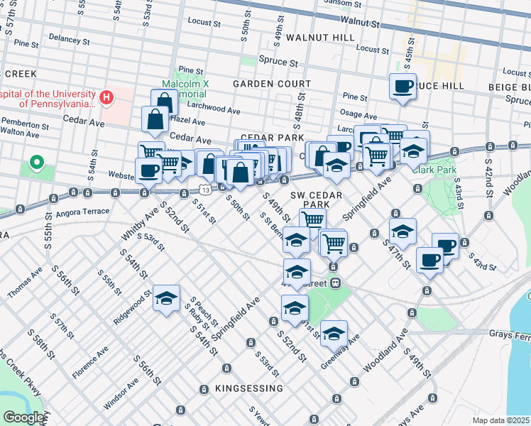 map of restaurants, bars, coffee shops, grocery stores, and more near 817 South Saint Bernard Street in Philadelphia