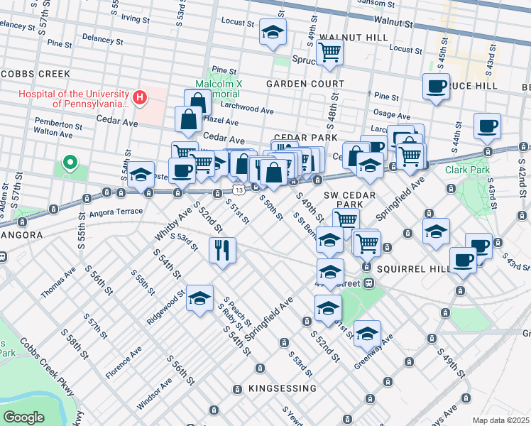 map of restaurants, bars, coffee shops, grocery stores, and more near 5007 Florence Avenue in Philadelphia