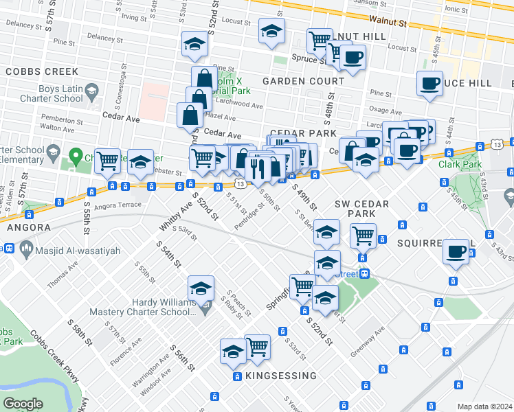 map of restaurants, bars, coffee shops, grocery stores, and more near 819 South 51st Street in Philadelphia
