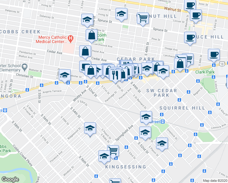 map of restaurants, bars, coffee shops, grocery stores, and more near 819 South 51st Street in Philadelphia