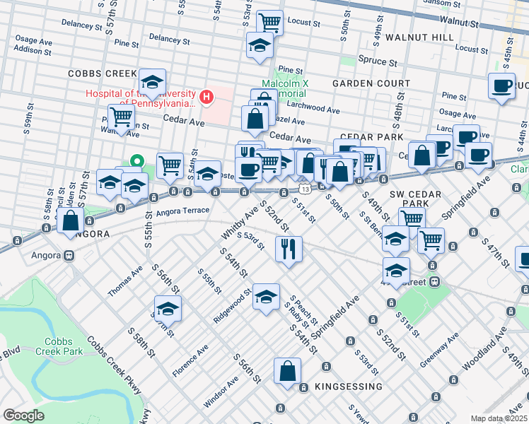 map of restaurants, bars, coffee shops, grocery stores, and more near 766 South 52nd Street in Philadelphia