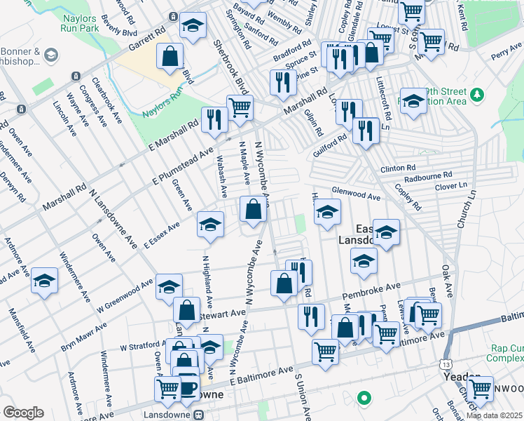 map of restaurants, bars, coffee shops, grocery stores, and more near 7185 Radbourne Road in Delaware County