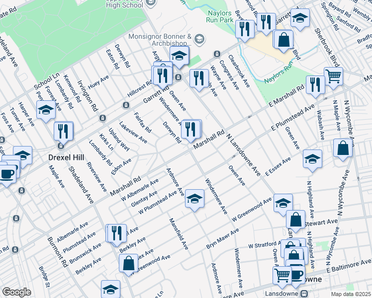 map of restaurants, bars, coffee shops, grocery stores, and more near in Delaware County