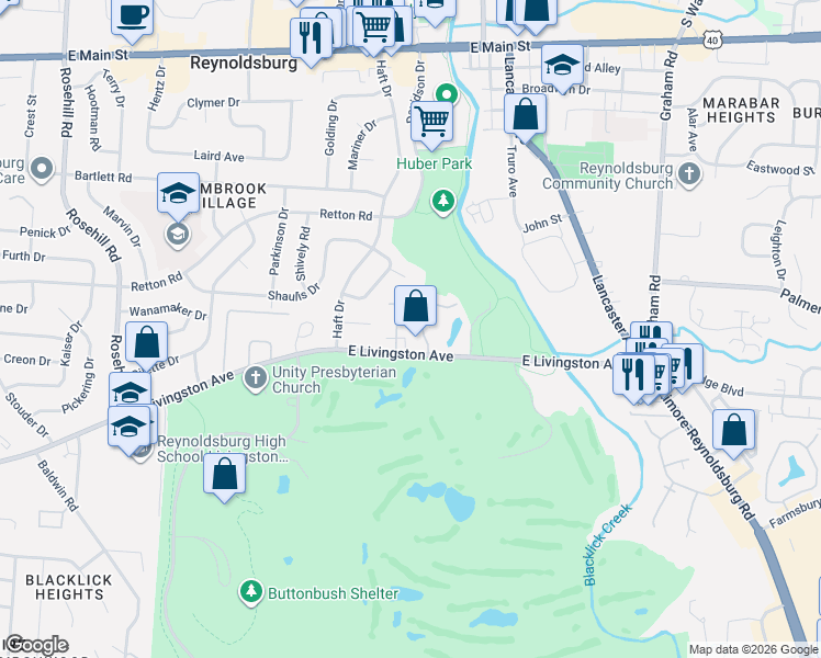 map of restaurants, bars, coffee shops, grocery stores, and more near 1751 Elmbrook Lane in Reynoldsburg
