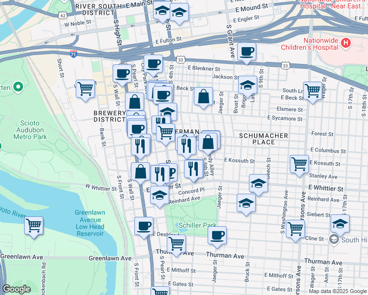 map of restaurants, bars, coffee shops, grocery stores, and more near 787 Mohawk Street in Columbus