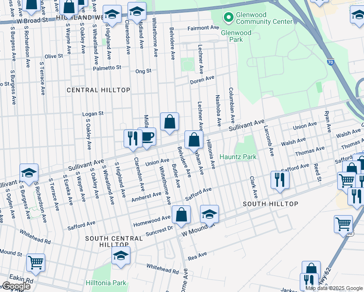 map of restaurants, bars, coffee shops, grocery stores, and more near 451 Belvidere Avenue in Columbus