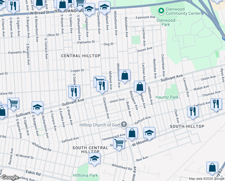 map of restaurants, bars, coffee shops, grocery stores, and more near 2165 Sullivant Avenue in Columbus