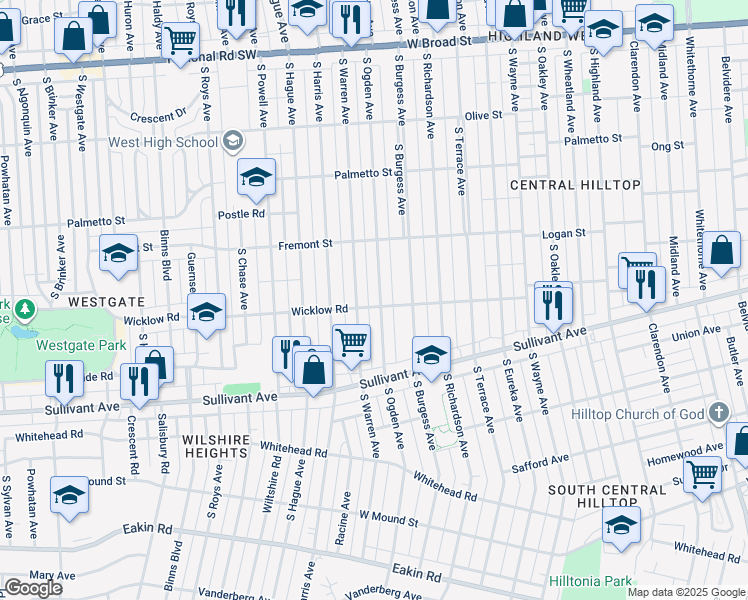 map of restaurants, bars, coffee shops, grocery stores, and more near 415 South Ogden Avenue in Columbus