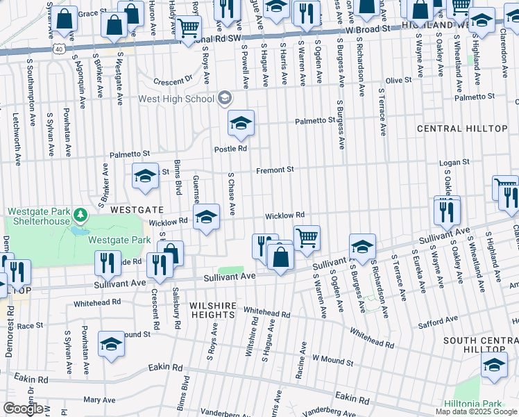 map of restaurants, bars, coffee shops, grocery stores, and more near 406 South Powell Avenue in Columbus