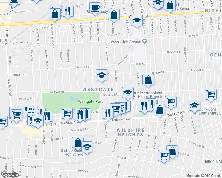 map of restaurants, bars, coffee shops, grocery stores, and more near 386 South Huron Avenue in Columbus