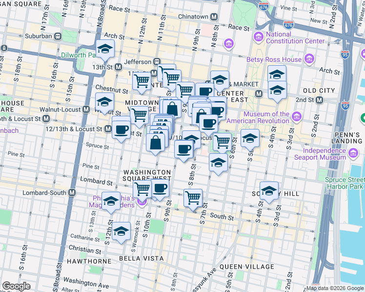 map of restaurants, bars, coffee shops, grocery stores, and more near 253 South 9th Street in Philadelphia