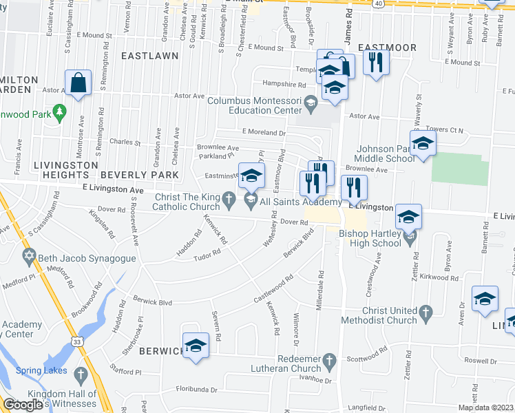 map of restaurants, bars, coffee shops, grocery stores, and more near 2855 E Livingston Ave in Columbus