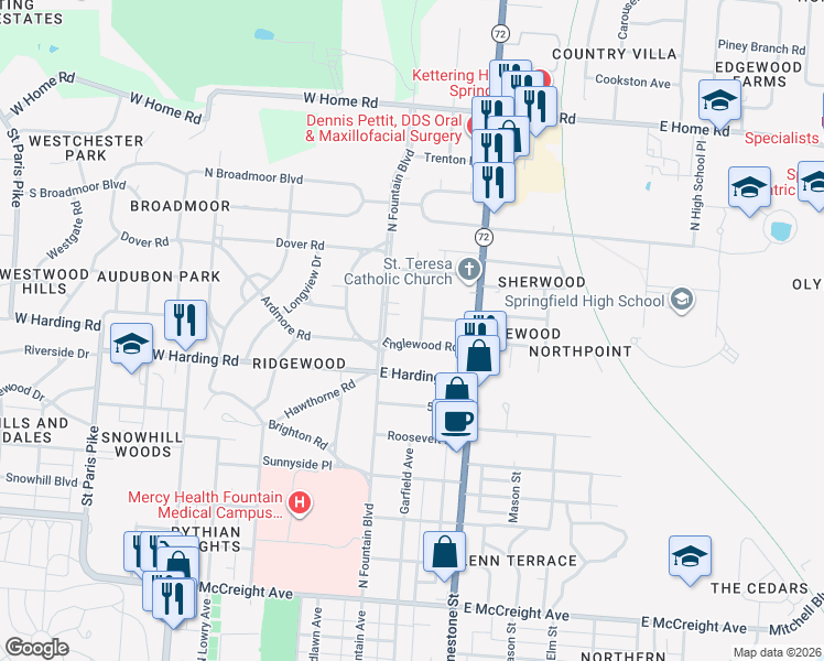 map of restaurants, bars, coffee shops, grocery stores, and more near 1736 Stratford Place in Springfield