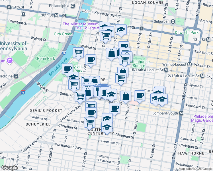 map of restaurants, bars, coffee shops, grocery stores, and more near 2102 Pine Street in Philadelphia