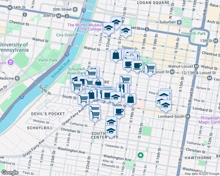 map of restaurants, bars, coffee shops, grocery stores, and more near 2104 Pine Street in Philadelphia