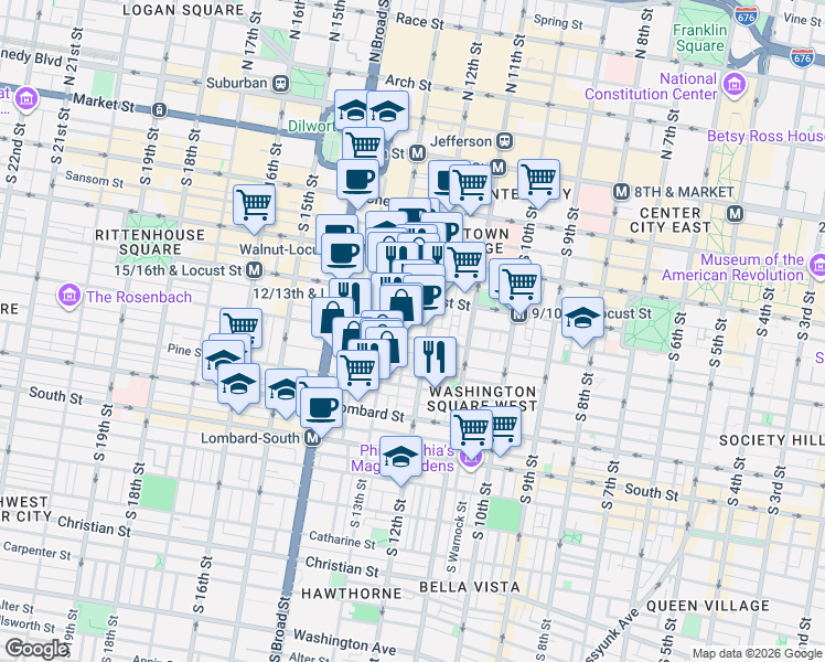 map of restaurants, bars, coffee shops, grocery stores, and more near in Philadelphia