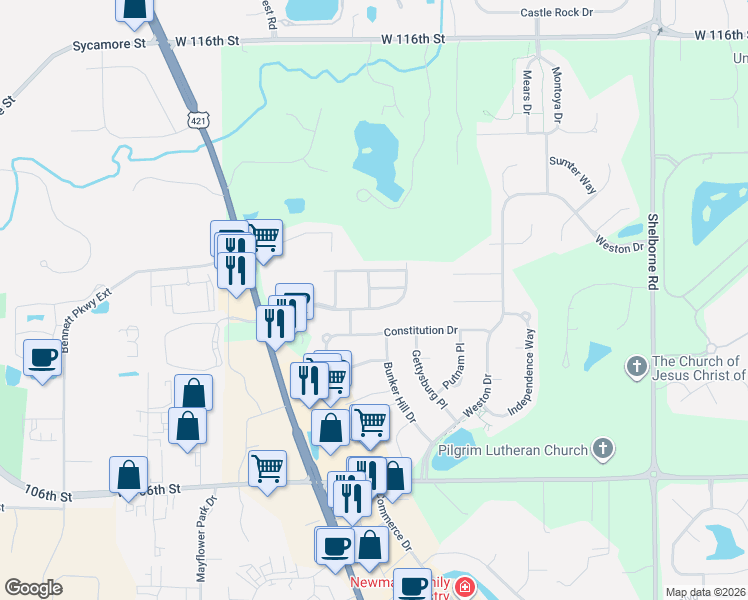 map of restaurants, bars, coffee shops, grocery stores, and more near 4059 Weston Pointe Drive in Zionsville