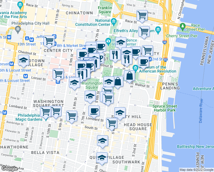 map of restaurants, bars, coffee shops, grocery stores, and more near 34 Saint James Court in Philadelphia