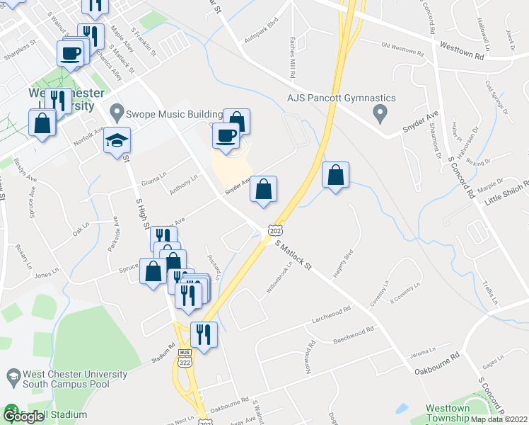 map of restaurants, bars, coffee shops, grocery stores, and more near 897 South Matlack Street in West Chester