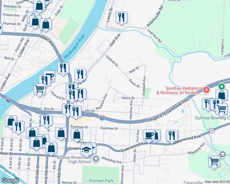 map of restaurants, bars, coffee shops, grocery stores, and more near 1134 Blandy Avenue in Zanesville