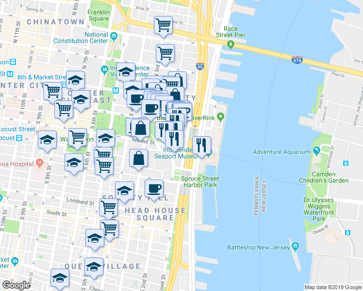 map of restaurants, bars, coffee shops, grocery stores, and more near 101 Walnut Street in Philadelphia