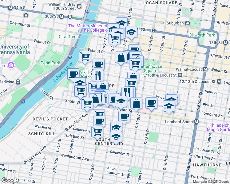 map of restaurants, bars, coffee shops, grocery stores, and more near 2104 Pine Street in Philadelphia