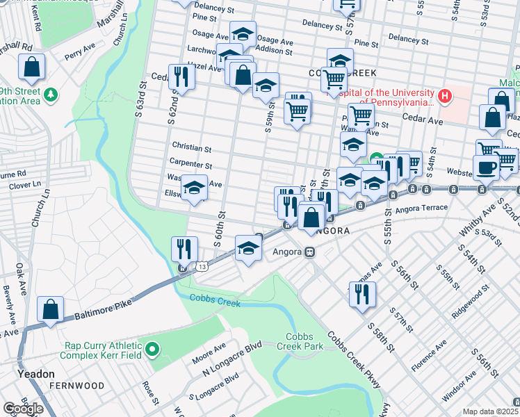 map of restaurants, bars, coffee shops, grocery stores, and more near 927 South 59th Street in Philadelphia