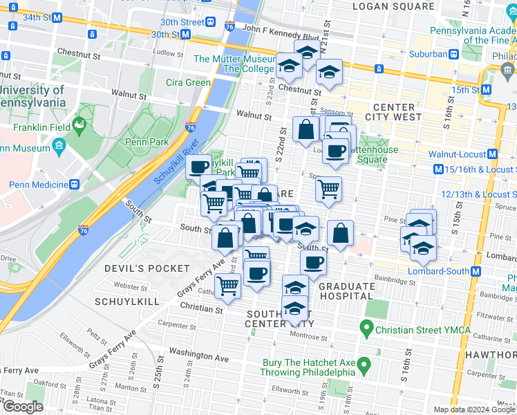 map of restaurants, bars, coffee shops, grocery stores, and more near 404 South Croskey Street in Philadelphia