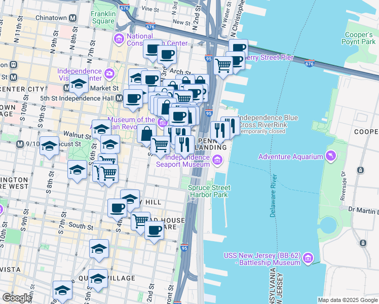 map of restaurants, bars, coffee shops, grocery stores, and more near 18 Walnut Street in Philadelphia