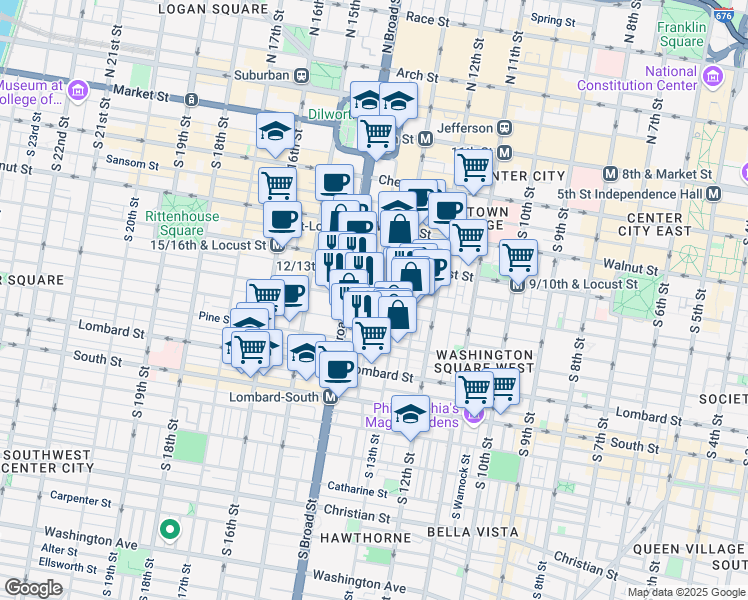 map of restaurants, bars, coffee shops, grocery stores, and more near Spruce Street & South Juniper Street in Philadelphia