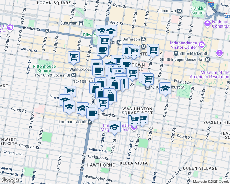map of restaurants, bars, coffee shops, grocery stores, and more near in Philadelphia