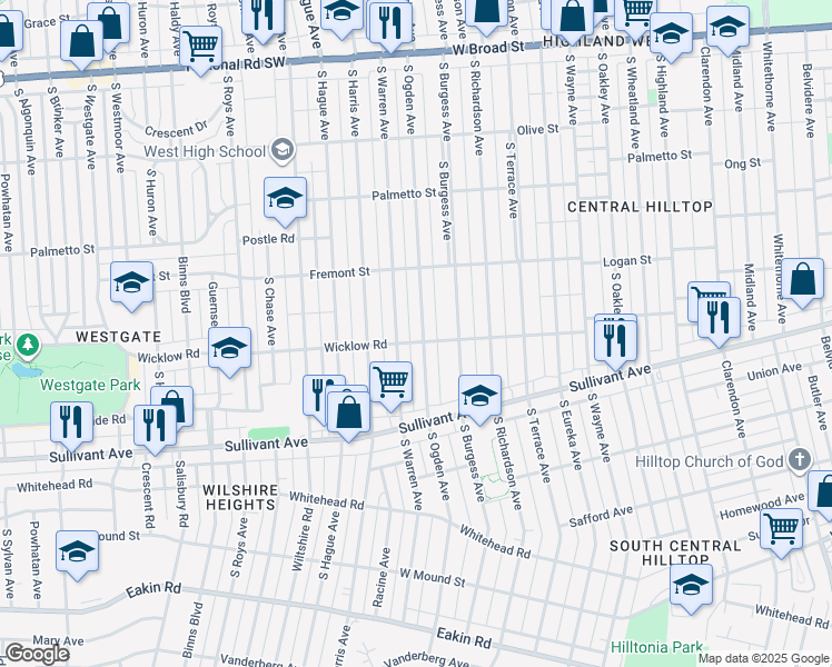 map of restaurants, bars, coffee shops, grocery stores, and more near 415 South Ogden Avenue in Columbus