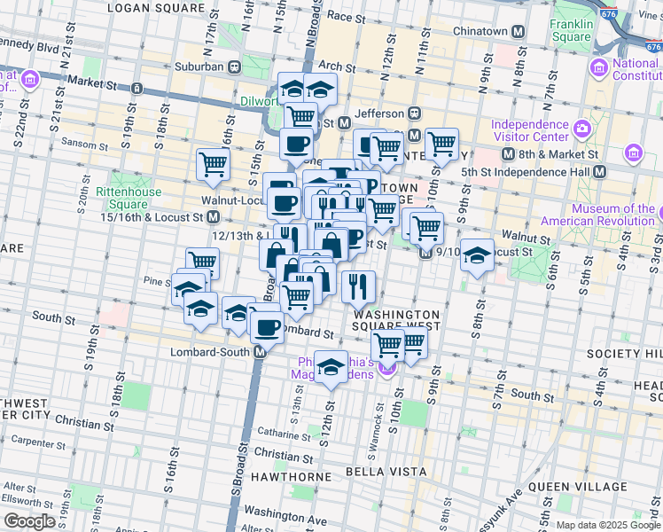 map of restaurants, bars, coffee shops, grocery stores, and more near 1220 Spruce Street in Philadelphia
