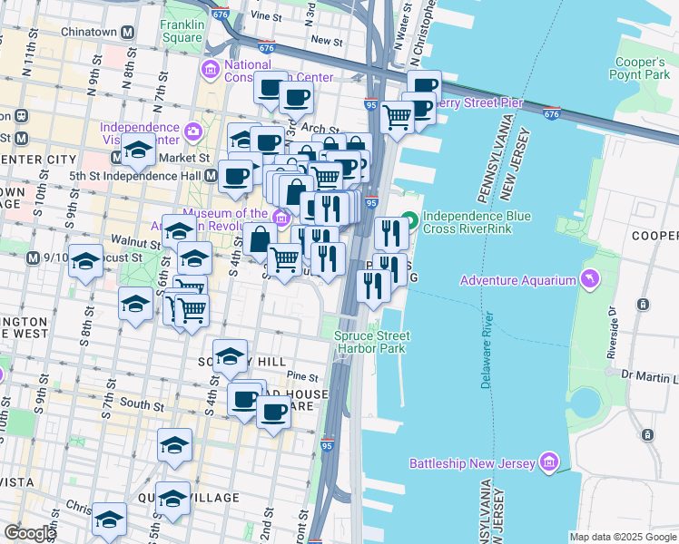 map of restaurants, bars, coffee shops, grocery stores, and more near 101 Walnut Street in Philadelphia
