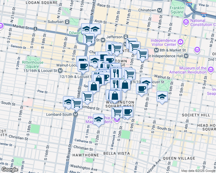 map of restaurants, bars, coffee shops, grocery stores, and more near 267 South 12th Street in Philadelphia