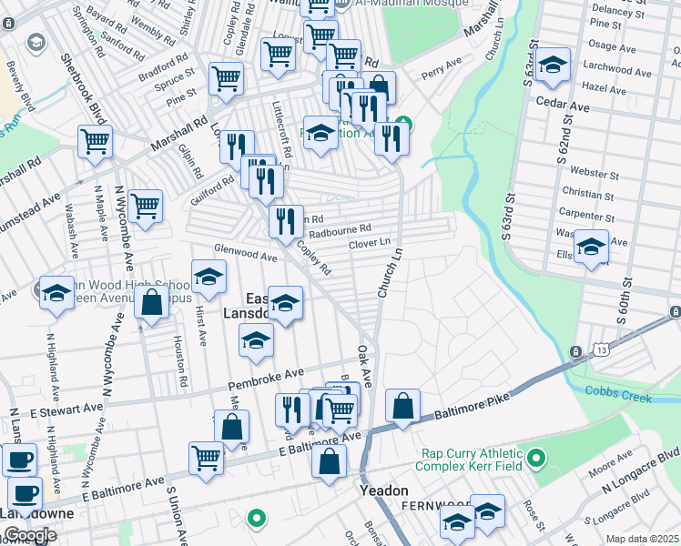 map of restaurants, bars, coffee shops, grocery stores, and more near 7138 Stockley Road in Delaware County