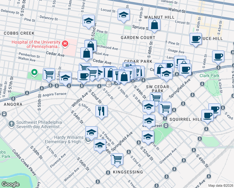 map of restaurants, bars, coffee shops, grocery stores, and more near 819 South 51st Street in Philadelphia