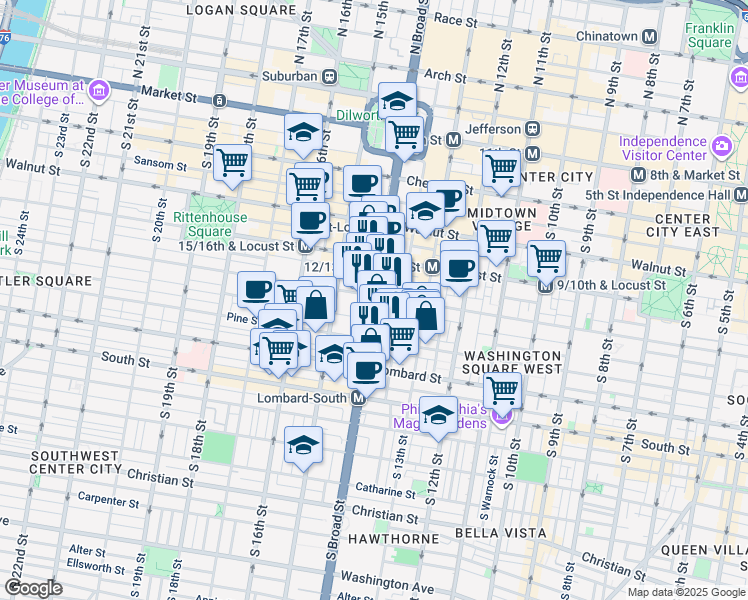 map of restaurants, bars, coffee shops, grocery stores, and more near 1401 Spruce Street in Philadelphia