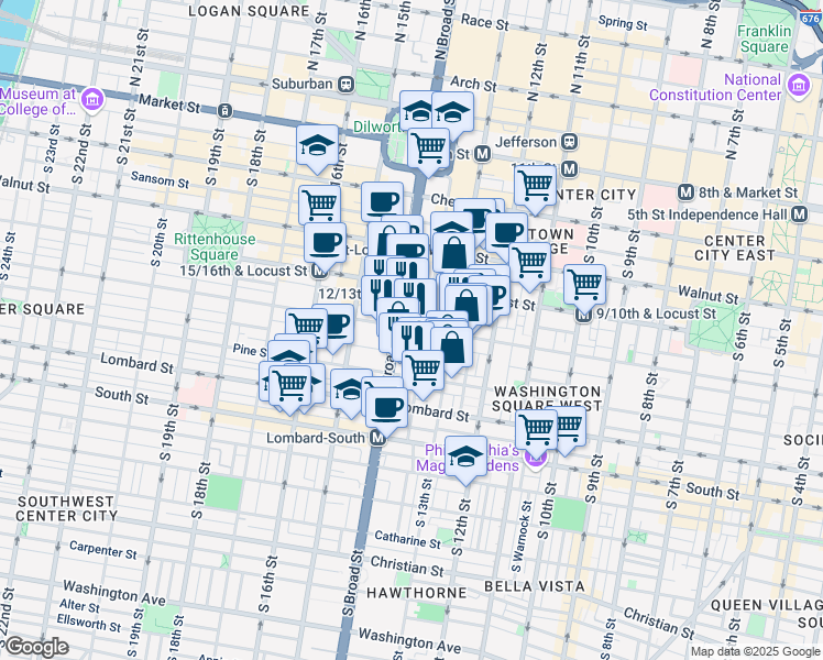 map of restaurants, bars, coffee shops, grocery stores, and more near 301 South Broad Street in Philadelphia
