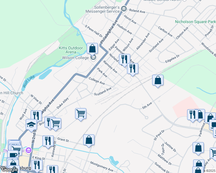 map of restaurants, bars, coffee shops, grocery stores, and more near 274 College Avenue in Chambersburg