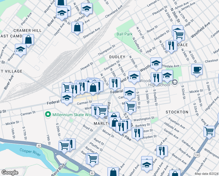 map of restaurants, bars, coffee shops, grocery stores, and more near Westfield Avenue & North 27th Street in Camden