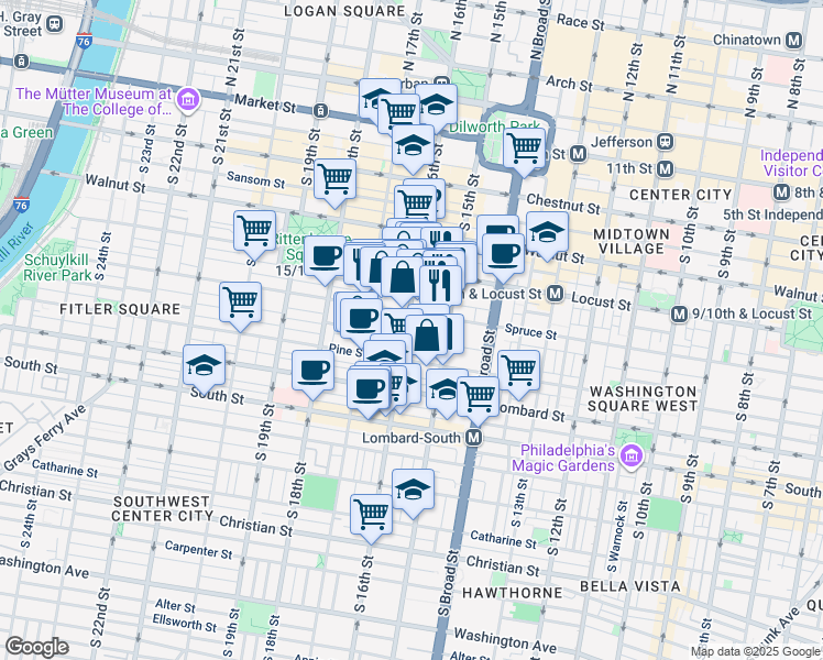 map of restaurants, bars, coffee shops, grocery stores, and more near 325 South 16th Street in Philadelphia